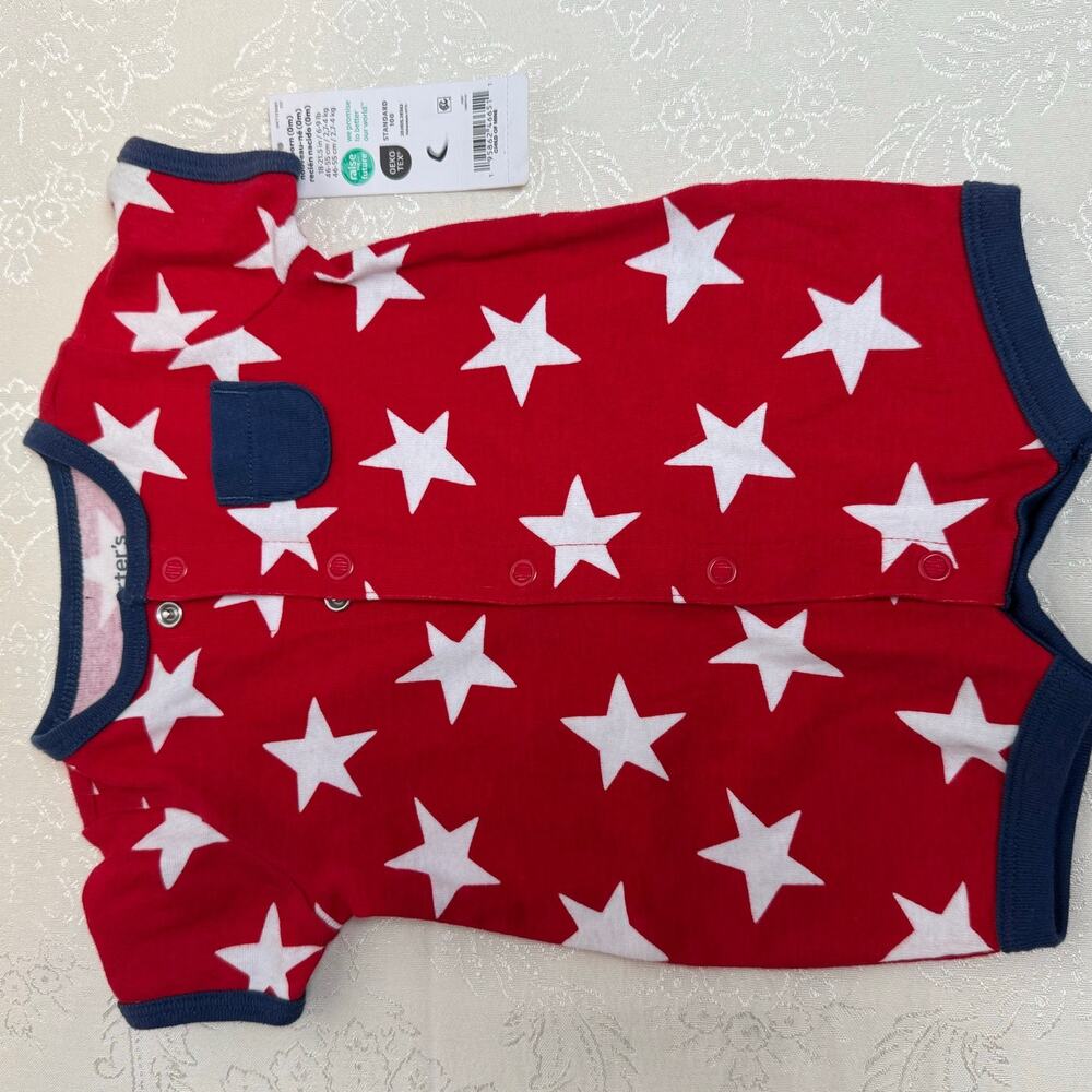 New Carters Red w/ White Stars Romper Snap up w/ Pocket Size Newborn